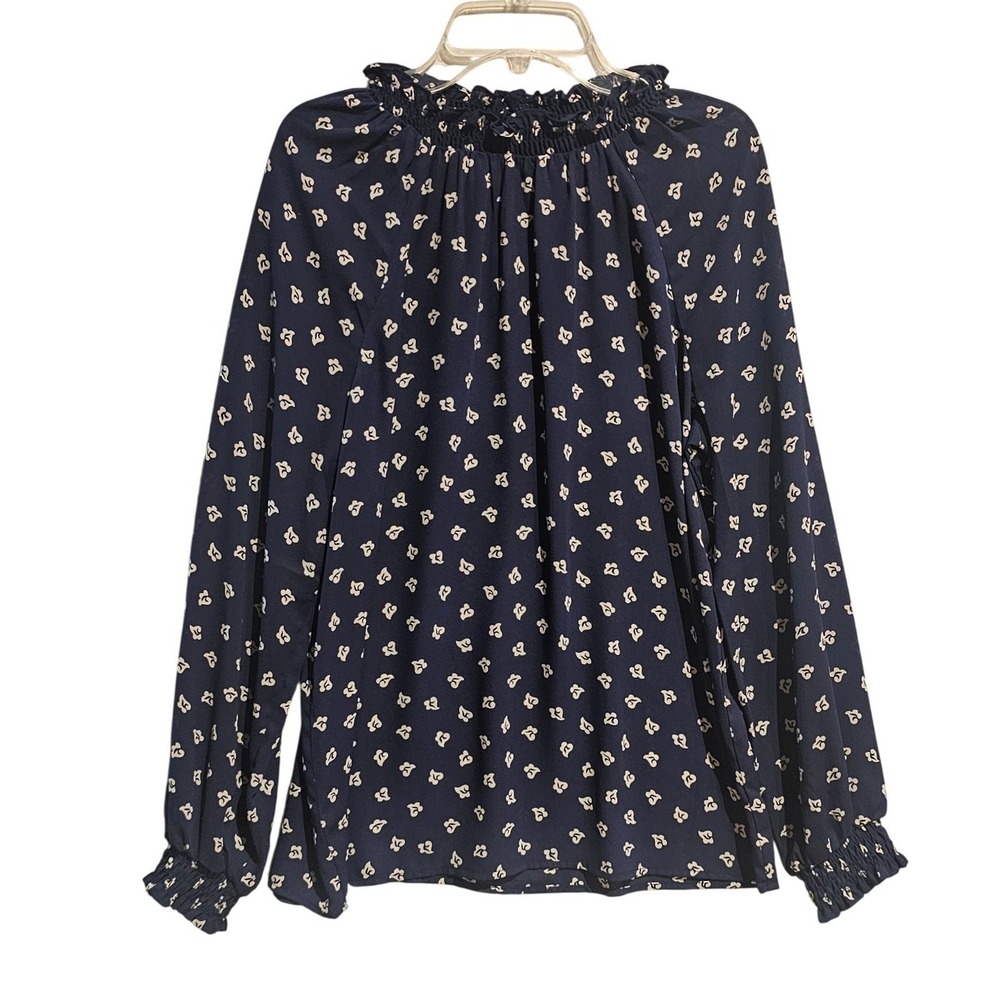 LOFT Outlet Navy Floral Ruffle Neck Long Sleeve Blouse Top‎ Size S